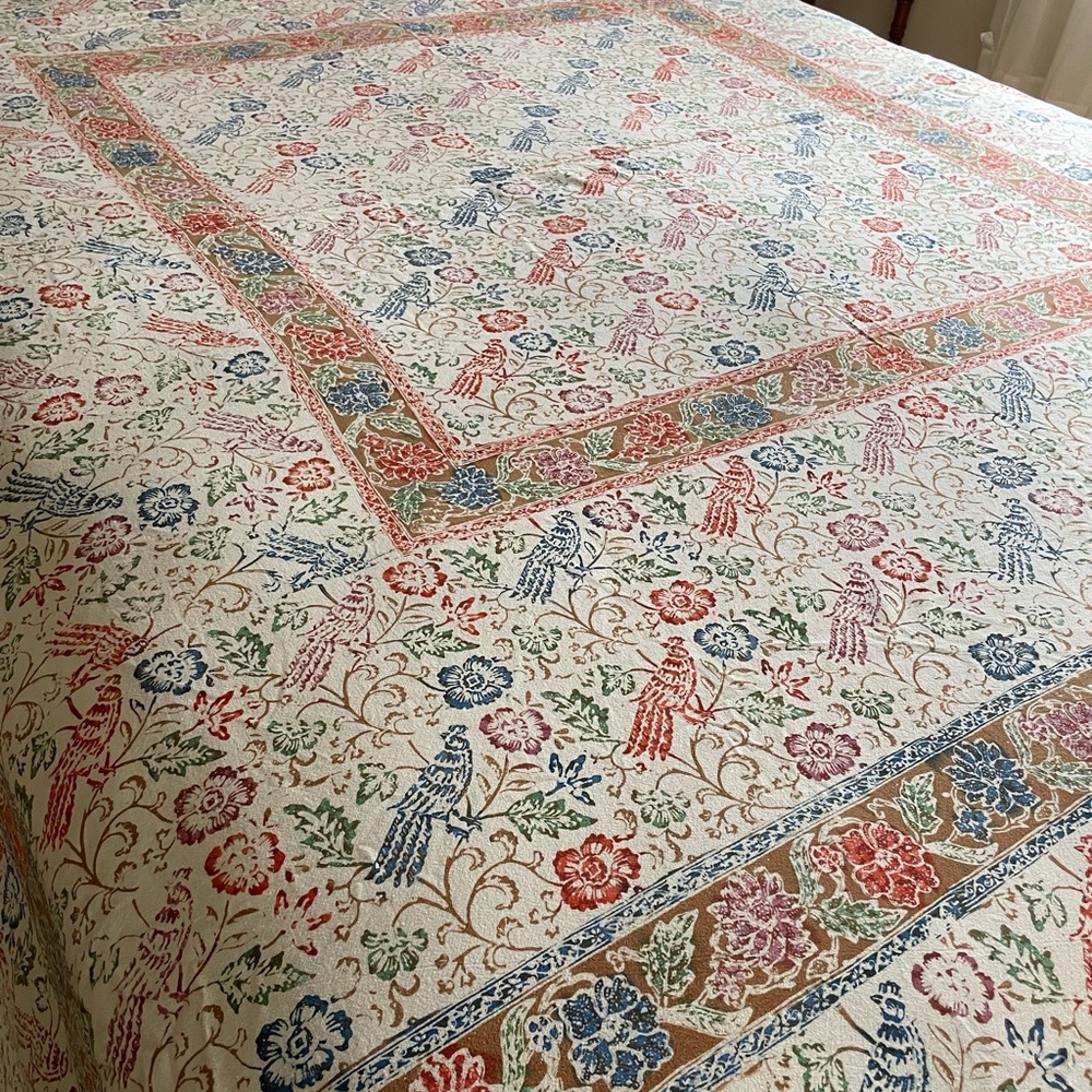 Birds and flowers KING cotton block-print spread VINTAGE